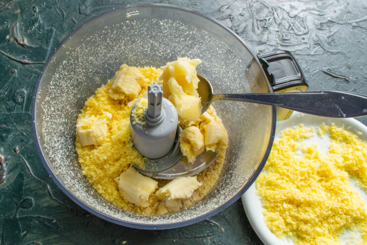 Softened butter added to the blended ingredients