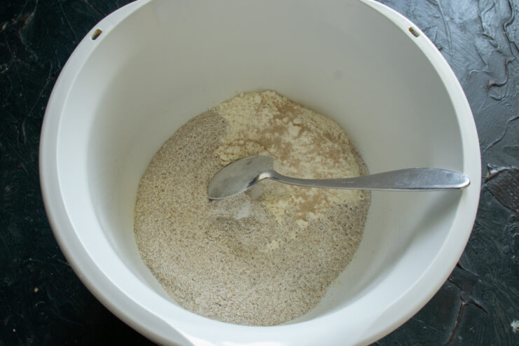 Dry dough ingredients Rye and wheat flours mixed with dry yeast in a stand mixer bowl