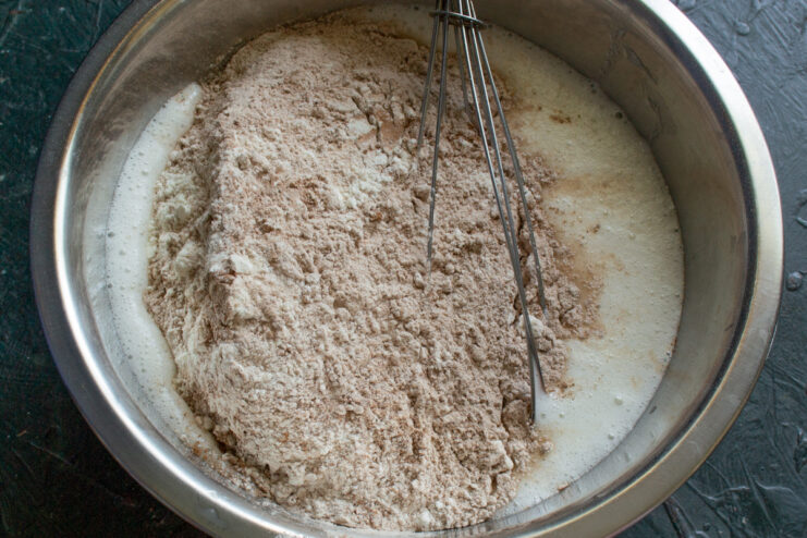 Mixing the batter Folding the dry cocoa mixture into the wet ingredients