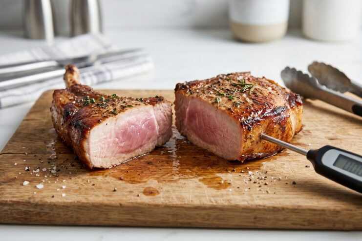 Properly Roasted Bone-In Pork Chop Juicy bone-in pork chop with a pink center and a culinary thermometer