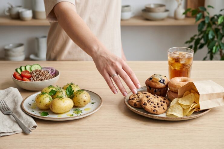Healthy and Harmful Carbohydrate Sources Comparison of a healthy lunch with potatoes alongside unhealthy snacks like sweets and potato chips.