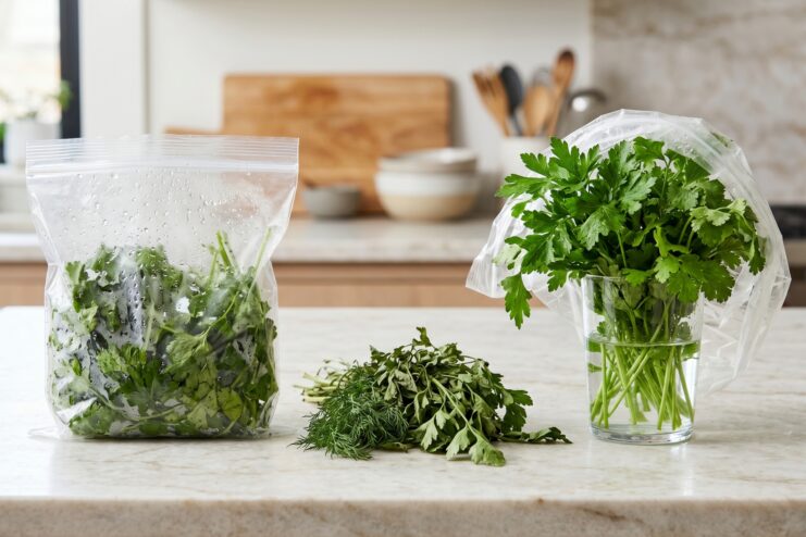Home Herb Storage Methods Side-by-side comparison of herbs stored in plastic bags versus water glasses