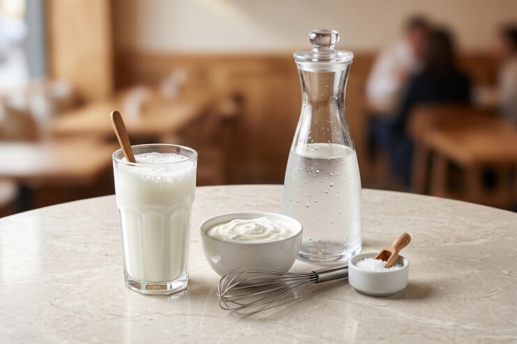 Basic Components of Homemade Ayran Glass of whipped ayran, bowl of yogurt, pitcher of ice water, salt, and a whisk on a light-colored table.