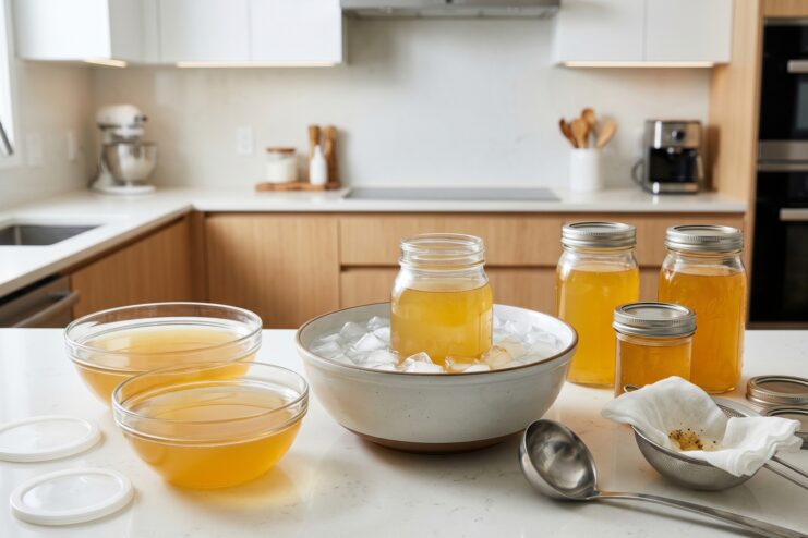 Glass jars filled with hot stock cooling down rapidly inside a large metal bowl filled with ice water