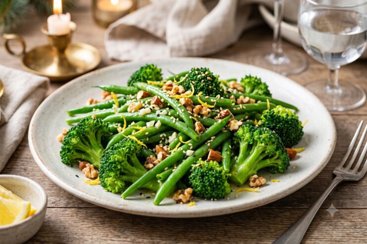 Vibrant Green Vegetable Side Dish Green beans and broccoli garnished with toasted nuts and sesame seeds on a plate.