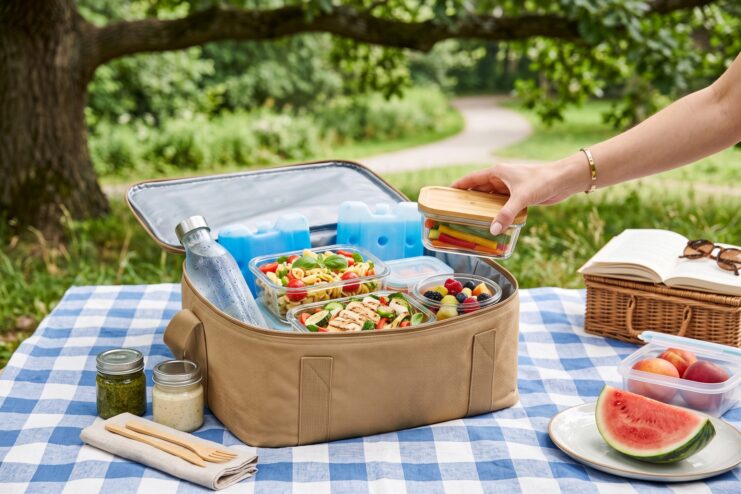 Safe food storage for a summer picnic Cooler bag filled with healthy food containers and a water bottle set for a park picnic
