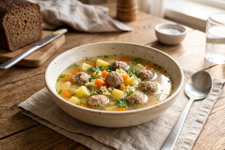 Quick Meatball Soup With Star Pasta Meatball soup featuring small shaped pasta and tender vegetables in a bowl on a table.