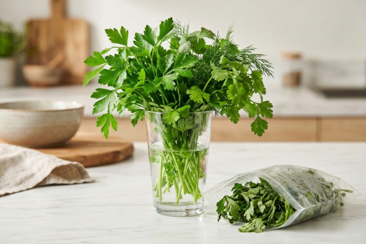 Storing Herbs in a Glass of Water Fresh parsley and dill resting in a glass of water on a kitchen countertop