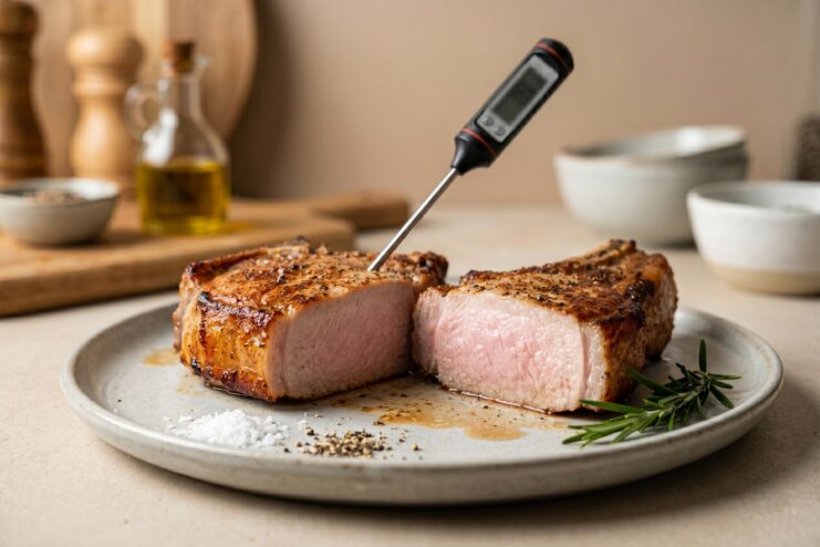 Checking Pork Temperature With A Meat Thermometer Pork steak with a meat thermometer displaying the pink center of the meat