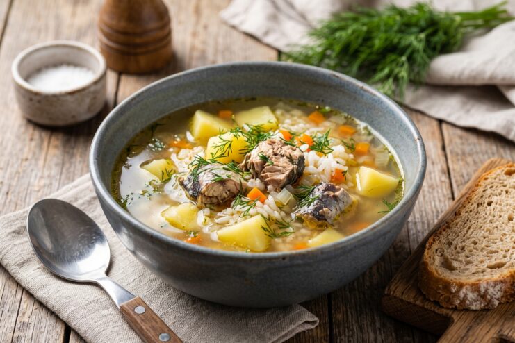 A bowl of hot fish soup with saury, rice, potatoes, and fresh dill