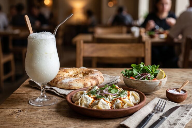 Traditional Manti Dumplings With a Glass of Ayran Plate of hot manti with sauce, tall glass of foamy ayran, flatbread, and salad on a wooden table.