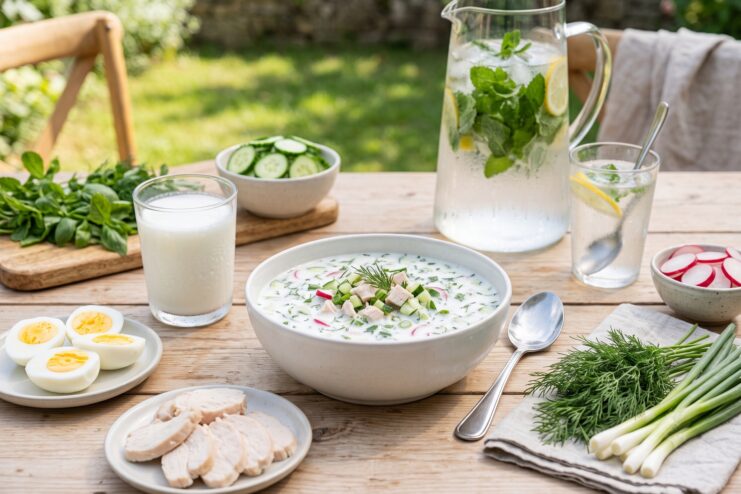 Traditional cold okroshka soup for a summer lunch Bowl of cold okroshka soup with kefir, fresh herbs, boiled eggs, and chicken fillet on a wooden table