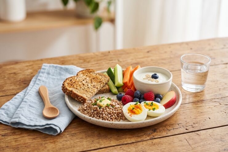 Plate featuring buckwheat, boiled egg, toast, vegetables, berries, and natural yogurt
