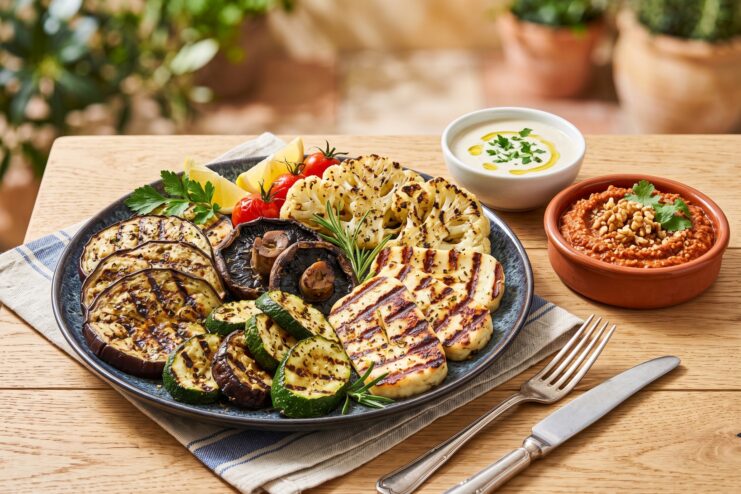 Plate of grilled vegetables, halloumi cheese, and mushrooms served with sesame tahini and a rich walnut-pepper paste.