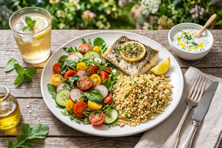 Balanced summer plate with baked fish and vegetables Dinner plate featuring baked fish, cooked bulgur, and a bright vegetable salad with tomatoes and greens