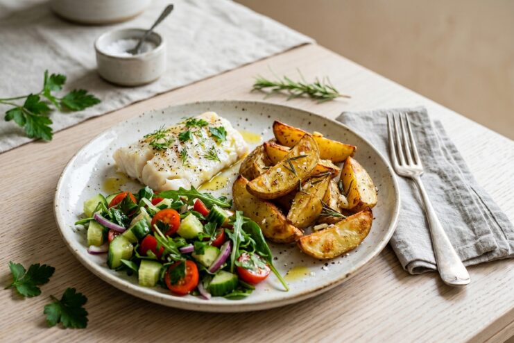 Balanced Meal With Starch Plate featuring roasted potatoes, white fish, and a fresh vegetable salad.