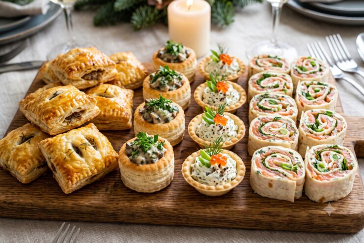 Puff Pastry and Flatbread Appetizers Tartlets, lavash rolls, and mini puff pastries served on a wooden board.