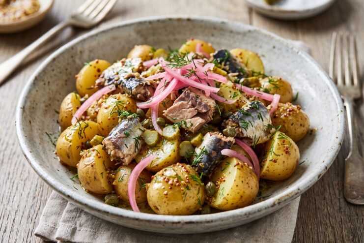 Warm potato salad mixed with sardines, red onions, and a mustard dressing