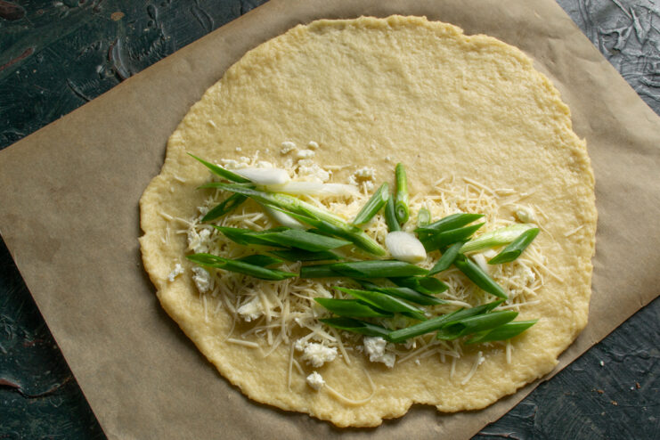 Cheese And Scallion Filling Grated cheese and chopped scallions layered on top of farmer's cheese