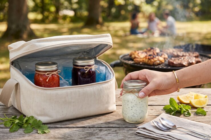 Fabric cooler bag holding jars of homemade sauces on a wooden picnic table outdoors.