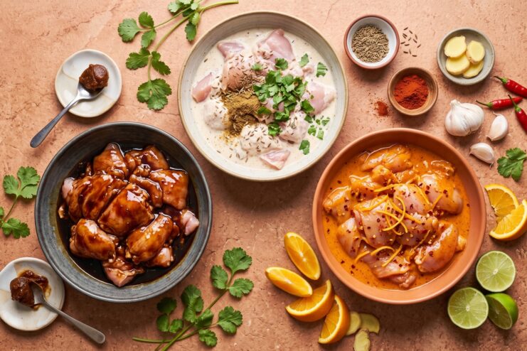 Three glass bowls containing raw chicken cuts soaking in dark soy, white yogurt, and bright citrus marinades