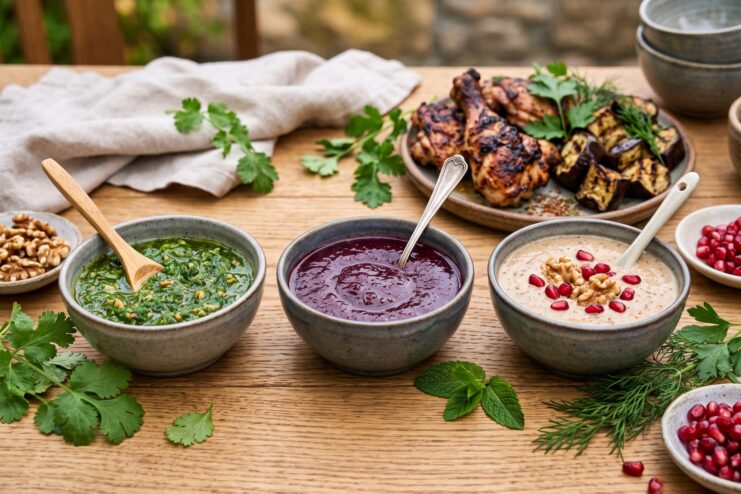 Three bowls featuring green satsebeli, berry tkemali, and walnut sauce near freshly grilled skewers.