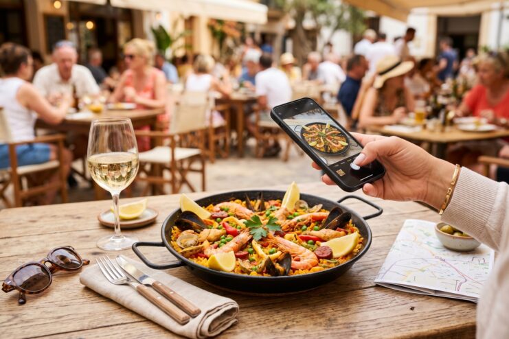 Tourist Presentation of Local Food Tourist photographing paella with a smartphone in a Spanish restaurant