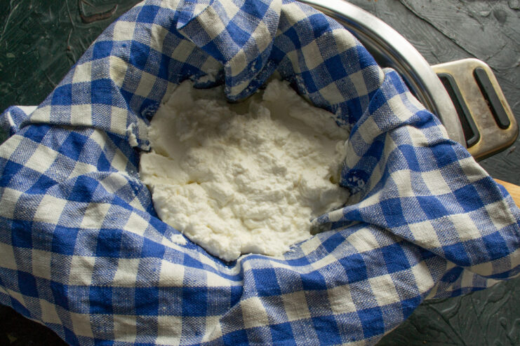 Separating the whey from the curd Cheese draining excess liquid in a blue checkered cloth