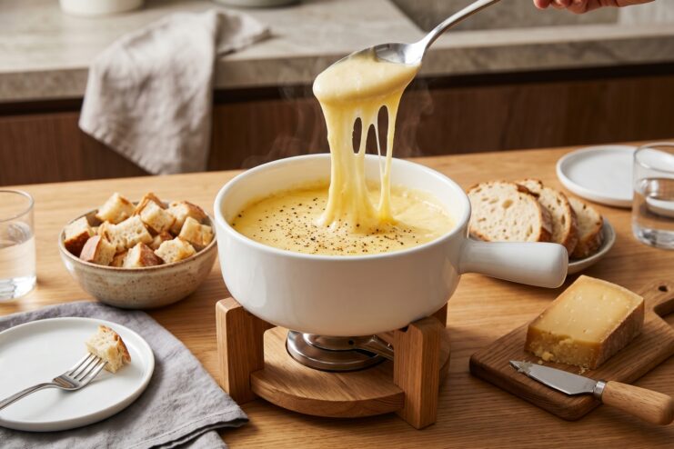 Gruyère Cheese Fondue Stretchy melted cheese fondue served in a traditional pot with pieces of crusty bread.