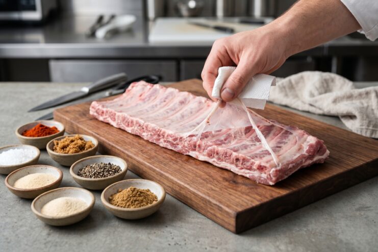 Prepping Ribs For The Rub Peeling the membrane off the back of a rack of raw pork ribs