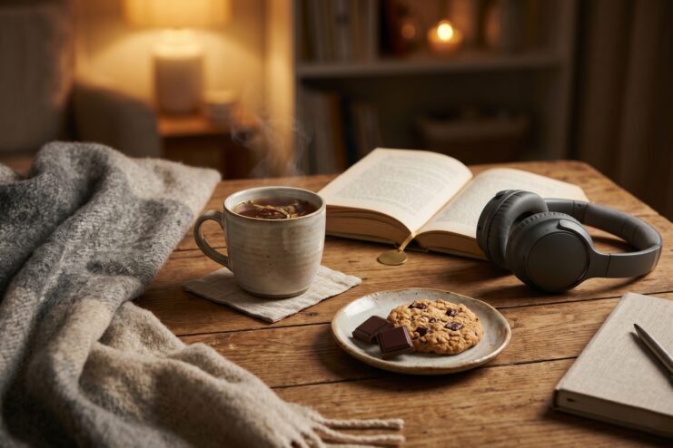 Cozy table setup featuring tea, cookies, headphones, a book, and a warm blanket.