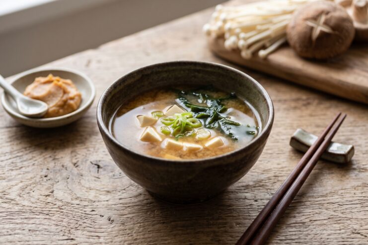 Traditional Japanese Miso Soup With Tofu Japanese miso soup with diced tofu and wakame seaweed in a traditional bowl with chopsticks.