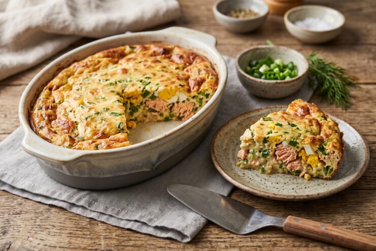 A slice of batter pie filled with fish and green onions resting on a plate