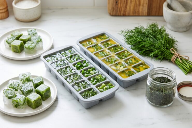 Preserving Winter Herbs Through Freezing and Drying Frozen herb ice cubes and jars of dried culinary herbs