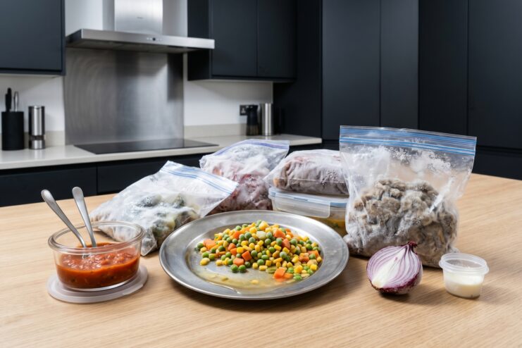 Common Food Freezing Mistakes Frozen vegetables, unportioned meat in bags, and sauce placed next to a leftover half of an onion.