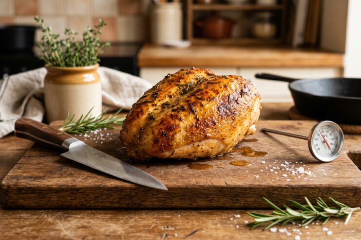 Temperature control and meat resting Roasted chicken resting on a wooden board with a culinary thermometer and rosemary