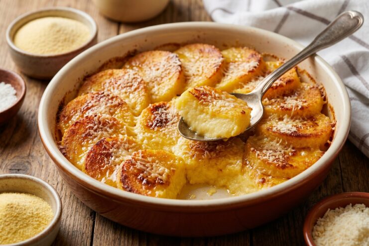 Baked Italian Gnocchi Alla Romana Baked gnocchi alla romana made from semolina arranged in a ceramic baking dish