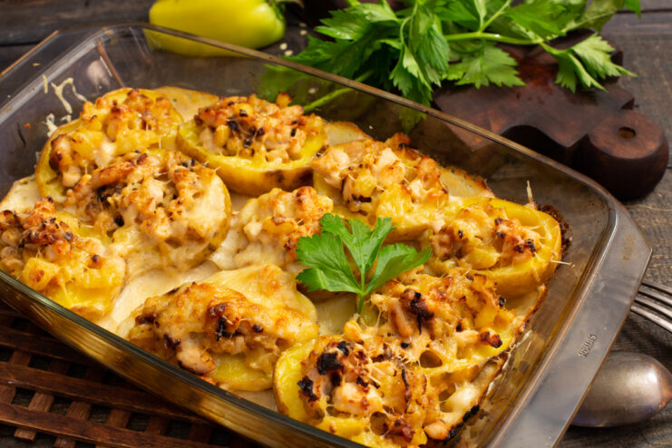 Baked potatoes stuffed with chicken filling and topped with melted cheese
