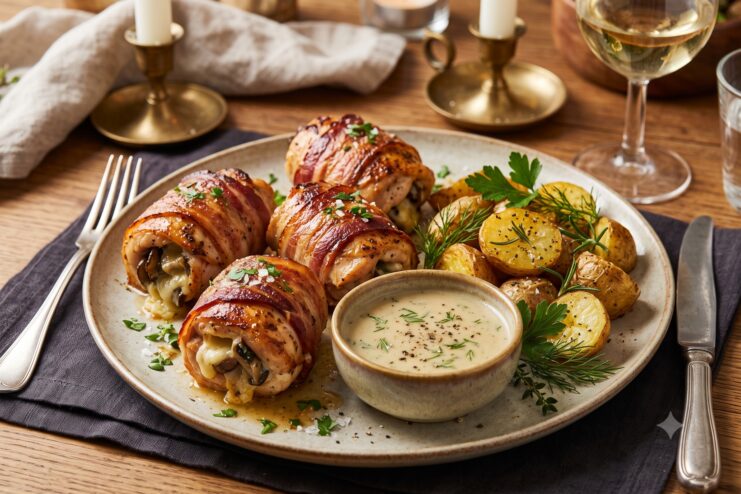 Roasted Chicken Thigh Main Dish Bacon-wrapped baked chicken rolls served with roasted potatoes and a savory sauce.