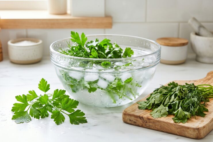 Reviving Wilted Herbs With Ice Water Wilted parsley soaking in a kitchen bowl filled with cold water and ice cubes
