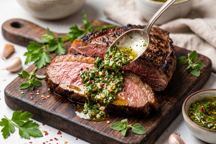 Vibrant green chimichurri sauce packed with parsley and garlic spooned over a juicy grilled steak.
