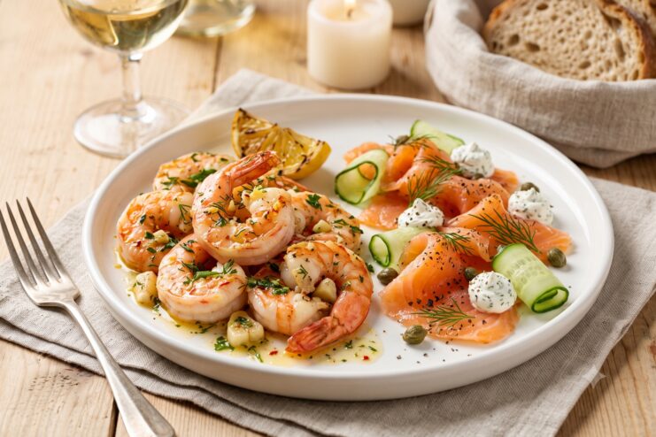 Seafood and Red Fish Platter Garlic pan-fried shrimp and lightly salted red fish arranged elegantly on a plate.