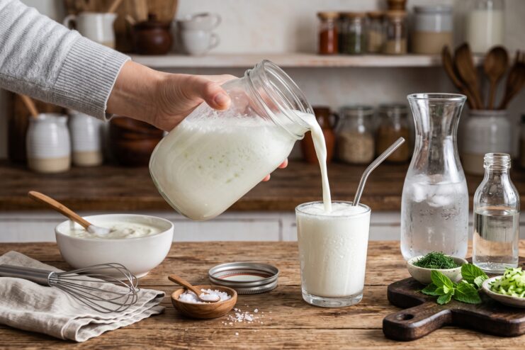 Preparing Homemade Ayran Female hand pouring homemade ayran from a jar into a glass against a background of fresh herbs, cucumbers, and salt.