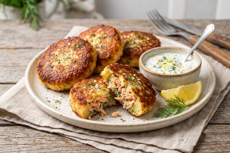 Golden potato patties filled with pink salmon served alongside a white sour cream sauce