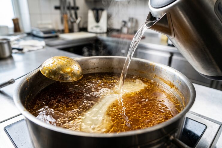 Pouring Boiling Water Into Finished Soup Pouring boiling water from a kettle into a pot of finished soup