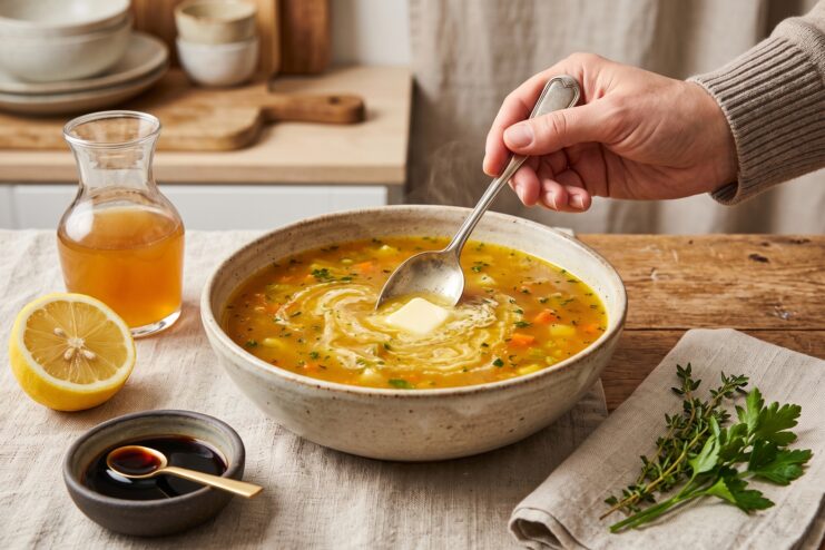 Restoring Flavor in Diluted Soup Adding butter, lemon juice, and soy sauce to a bowl of soup