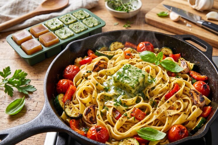Pasta with vegetables and aromatic culinary oil ice Hot vegetable pasta in a pan with a melting cube of frozen olive oil and green herbs.