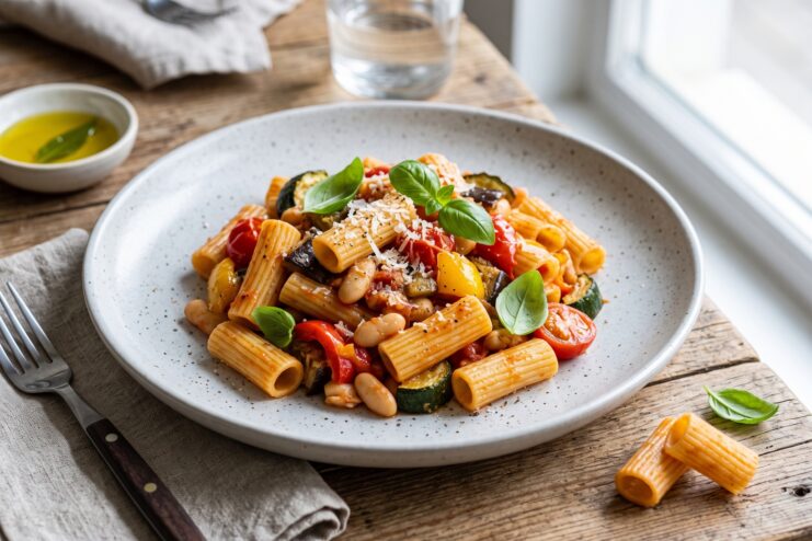 Bowl of freshly cooked pasta mixed with rich tomato sauce, green zucchini, beans, and garnished with fresh basil leaves