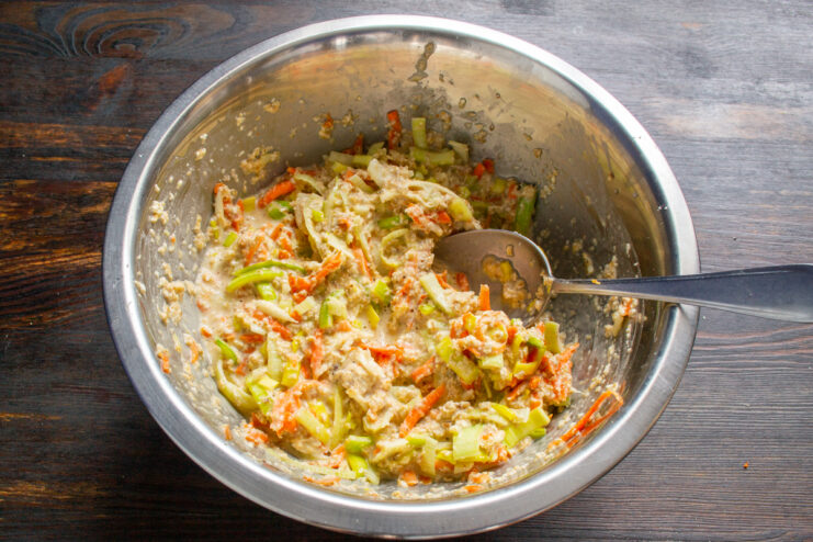 Fully mixed leek and oat fritter batter