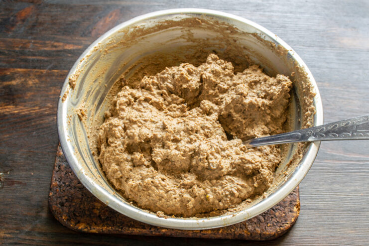 Silky smooth blended pâté texture Smooth and creamy chicken liver pâté inside a mixing bowl